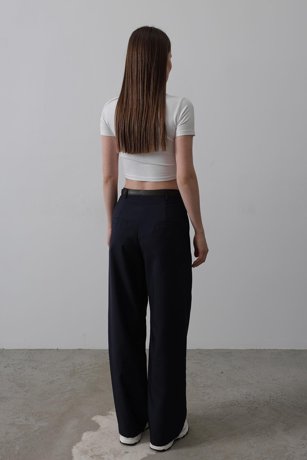 Lacivert Çift Cepli Kemerli Palazzo Pantolon