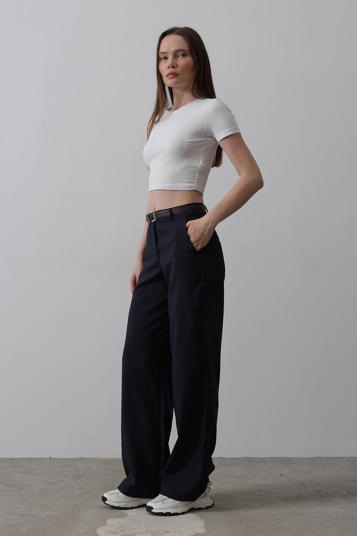 Lacivert Çift Cepli Kemerli Palazzo Pantolon