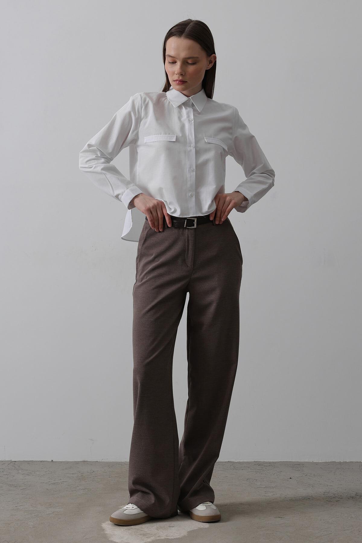 Kahve Çift Cepli Kemerli Palazzo Pantolon