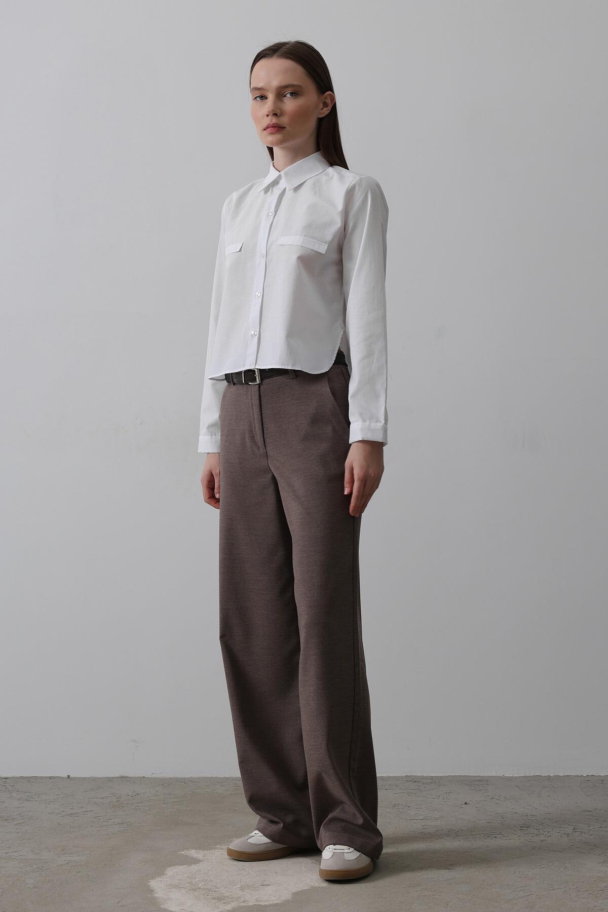 Kahve Çift Cepli Kemerli Palazzo Pantolon