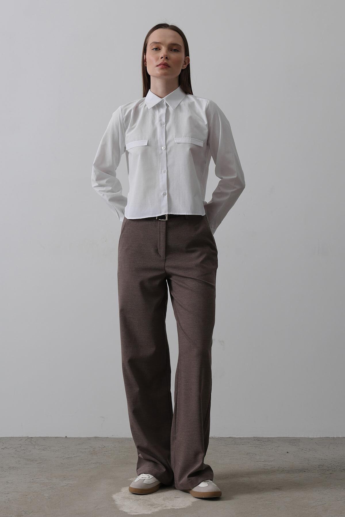 Kahve Çift Cepli Kemerli Palazzo Pantolon