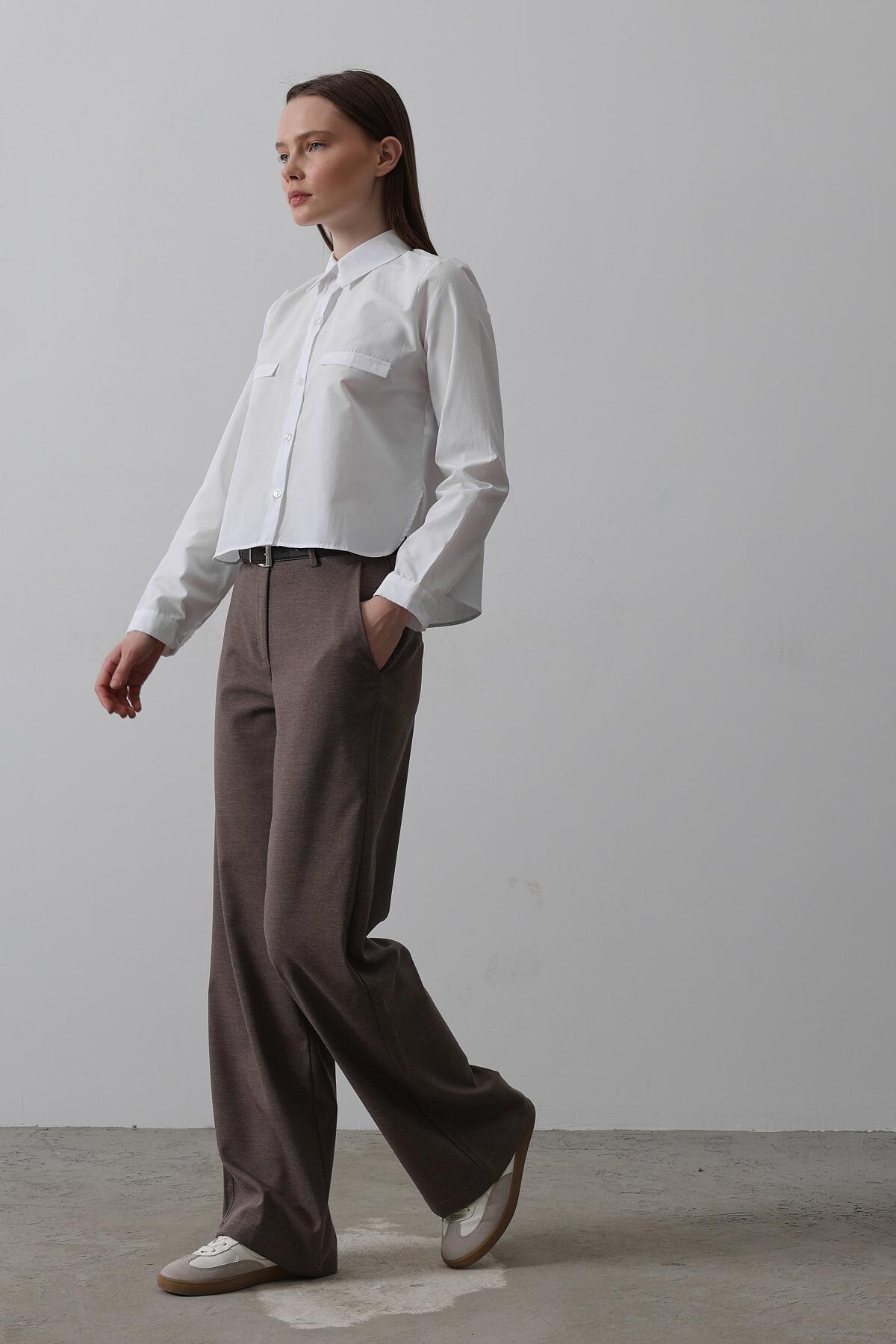 Kahve Çift Cepli Kemerli Palazzo Pantolon