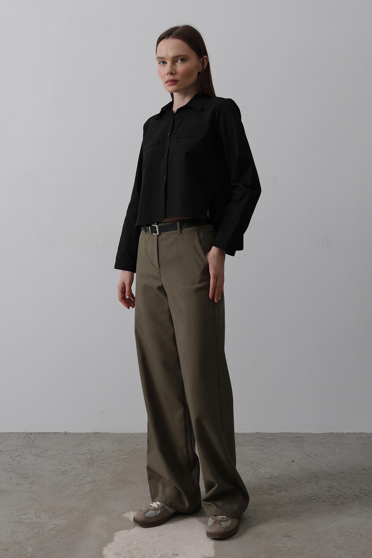 Haki Çift Cepli Kemerli Palazzo Pantolon