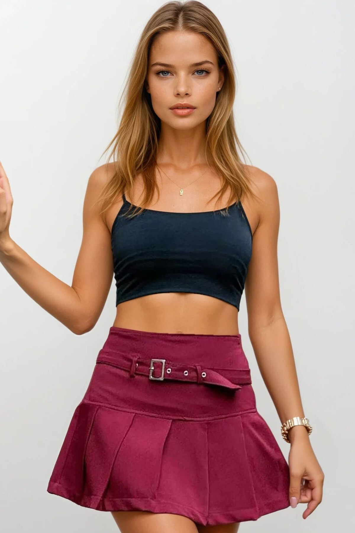 Bordo Kemerli Piliseli Mini Etek