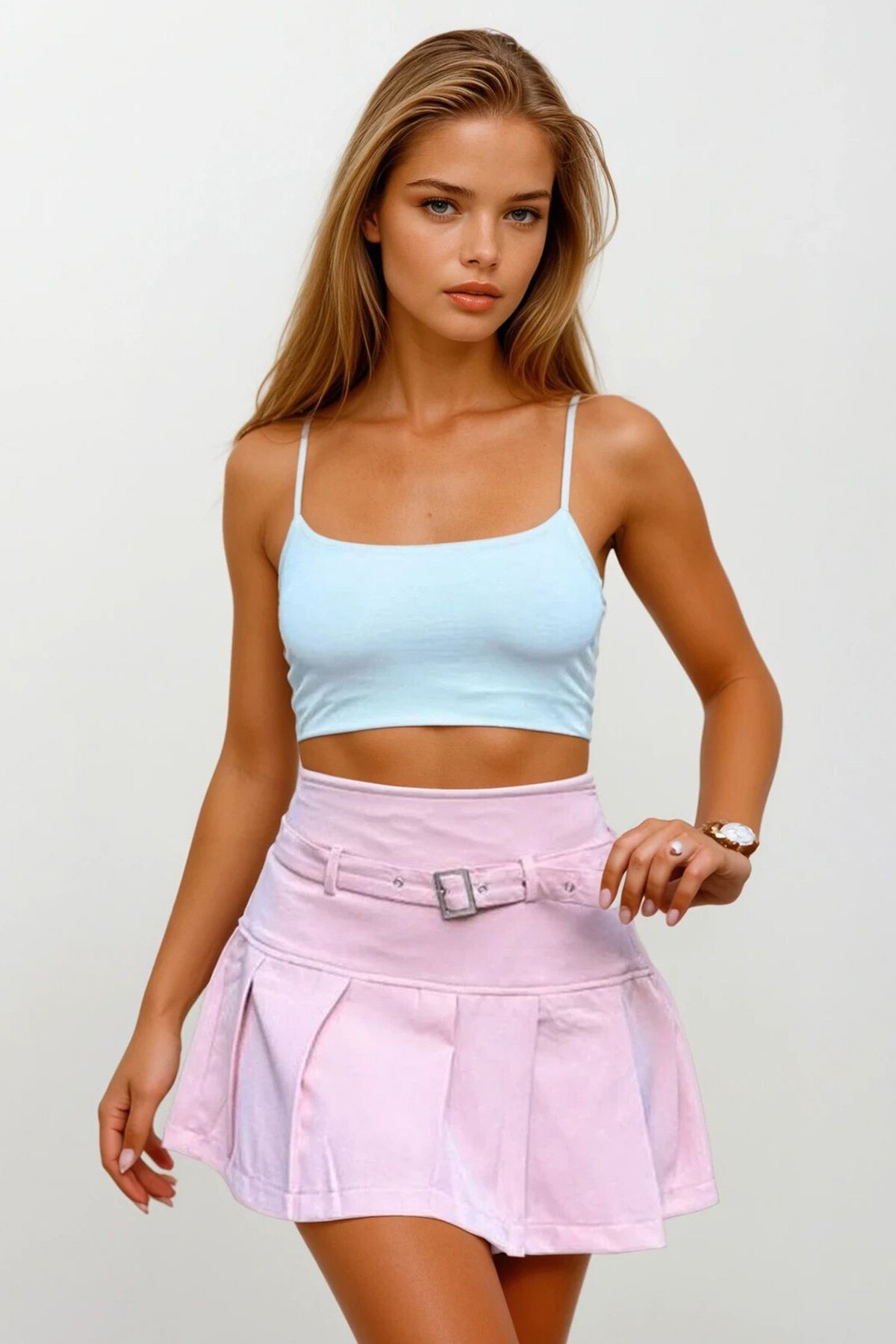 Pembe Kemerli Piliseli Mini Etek