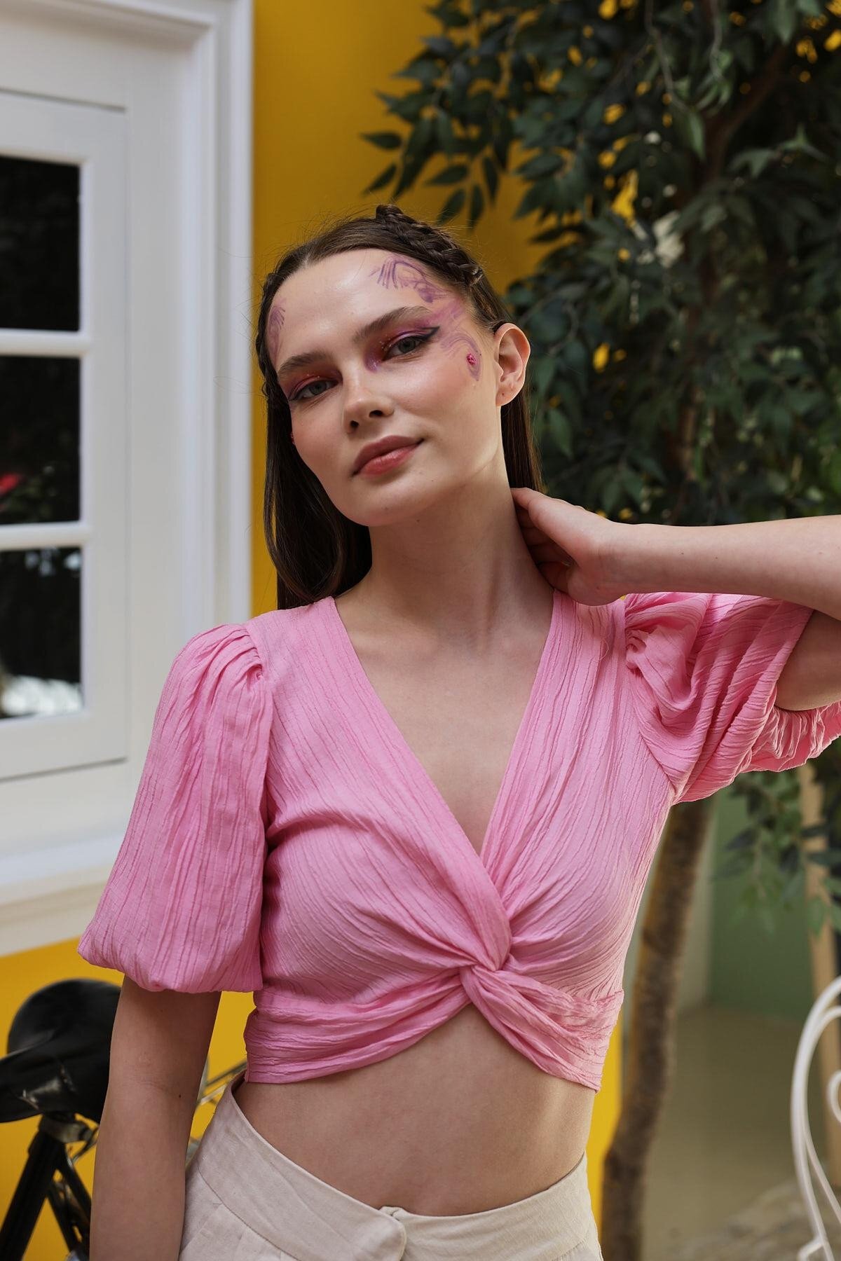 Pembe Keten Bluz