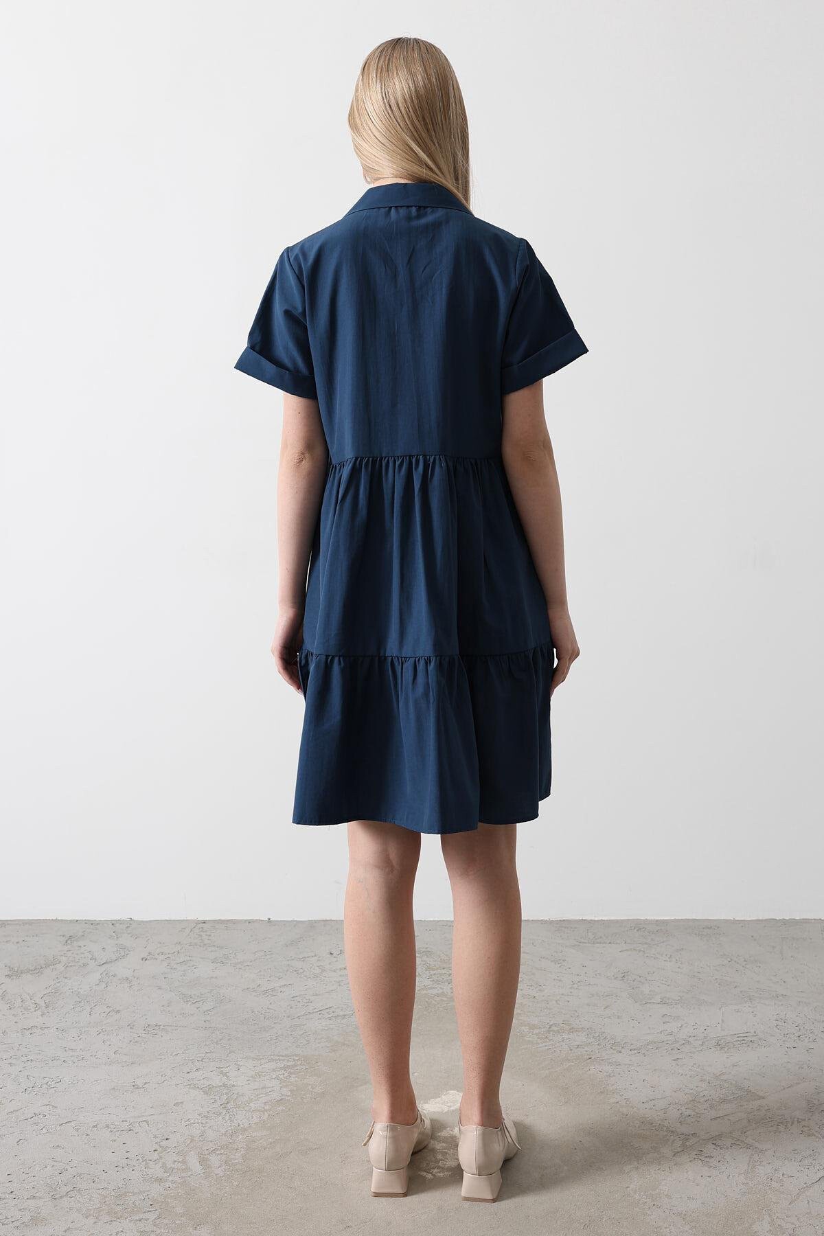 İndigo Gömlek Yaka Eteği Pileli Mini Boy Elbise