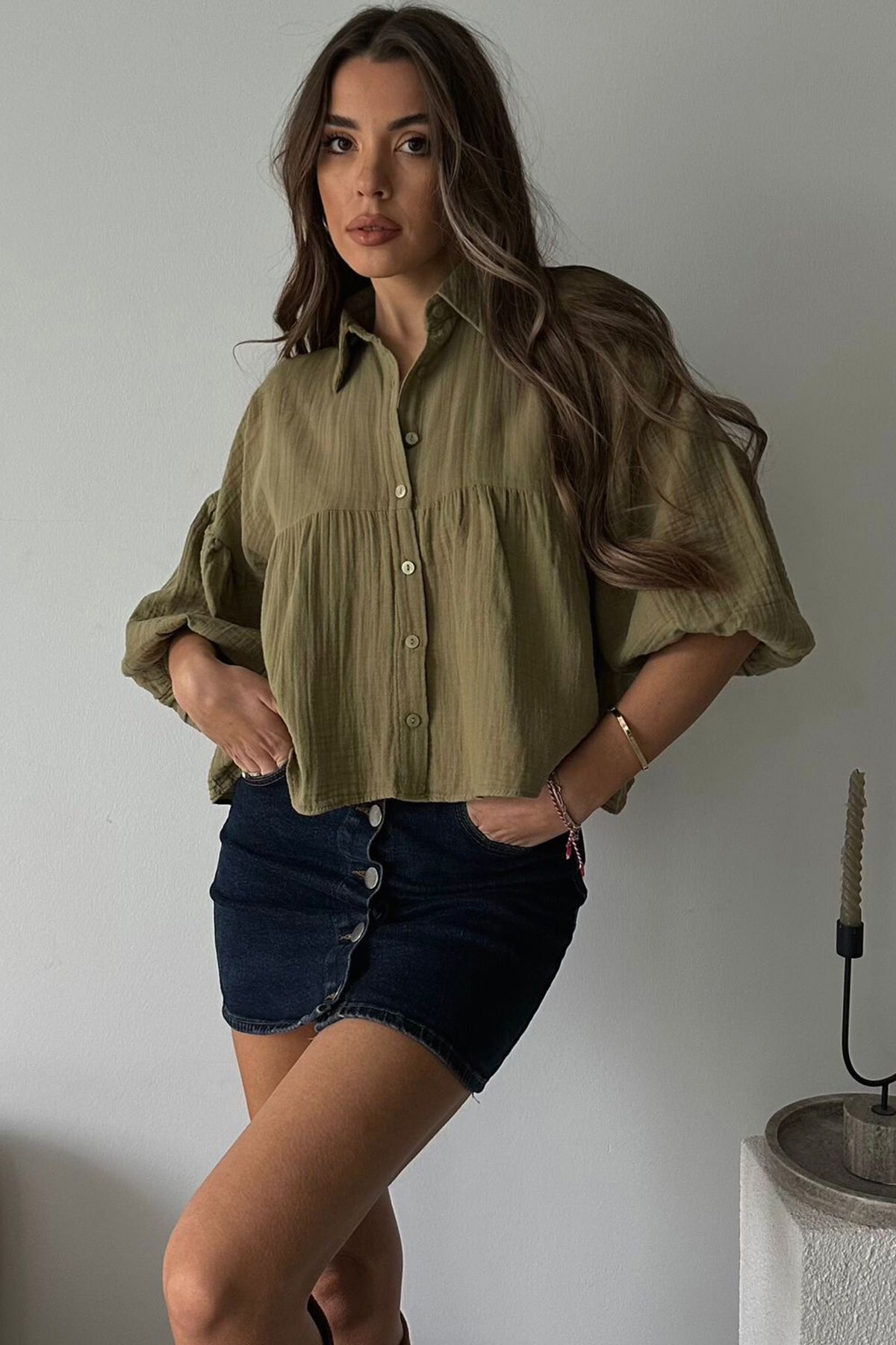 Haki Kısa Kol Müslin Kumaş Premium Gömlek