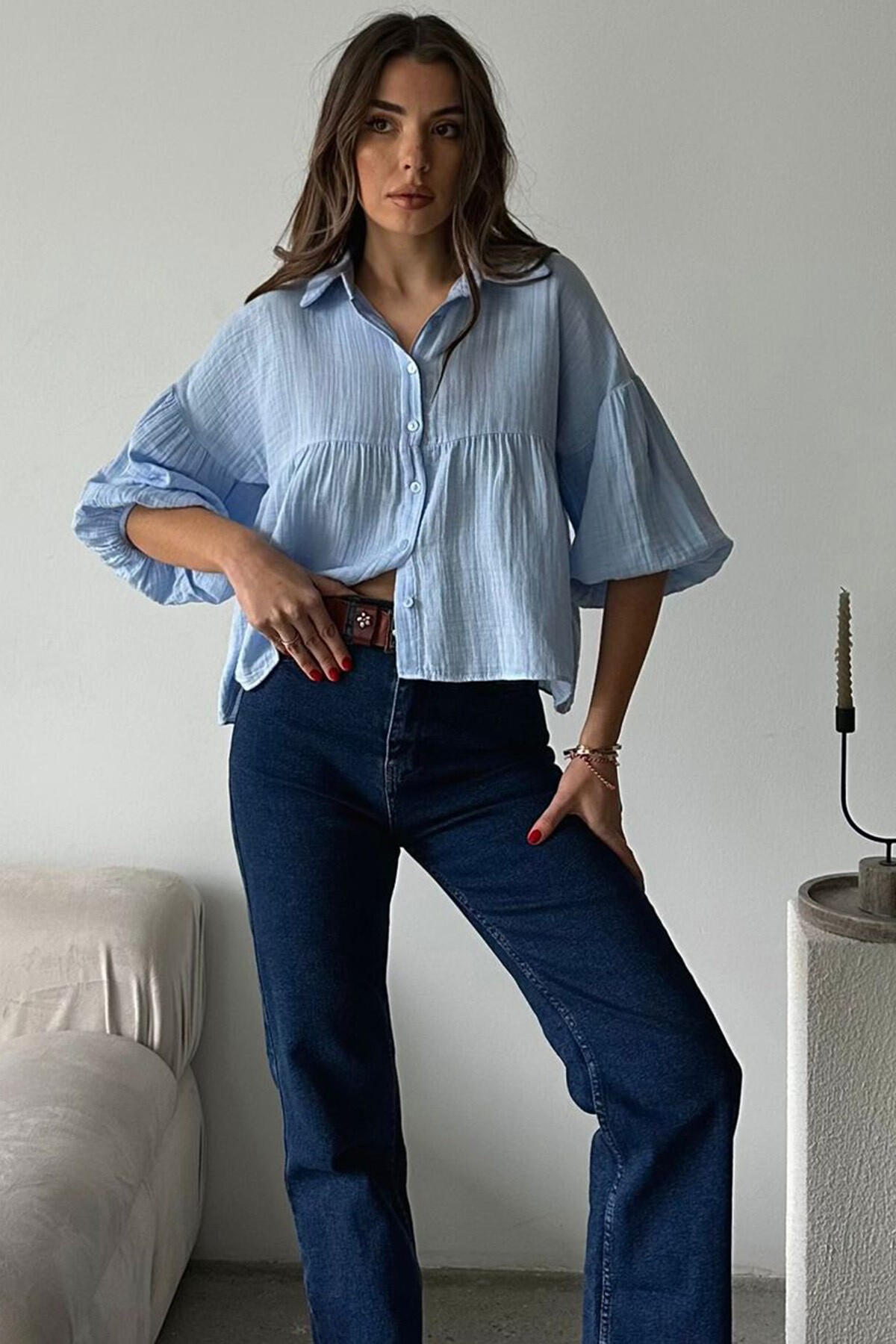 Mavi Kısa Kol Müslin Kumaş Premium Gömlek