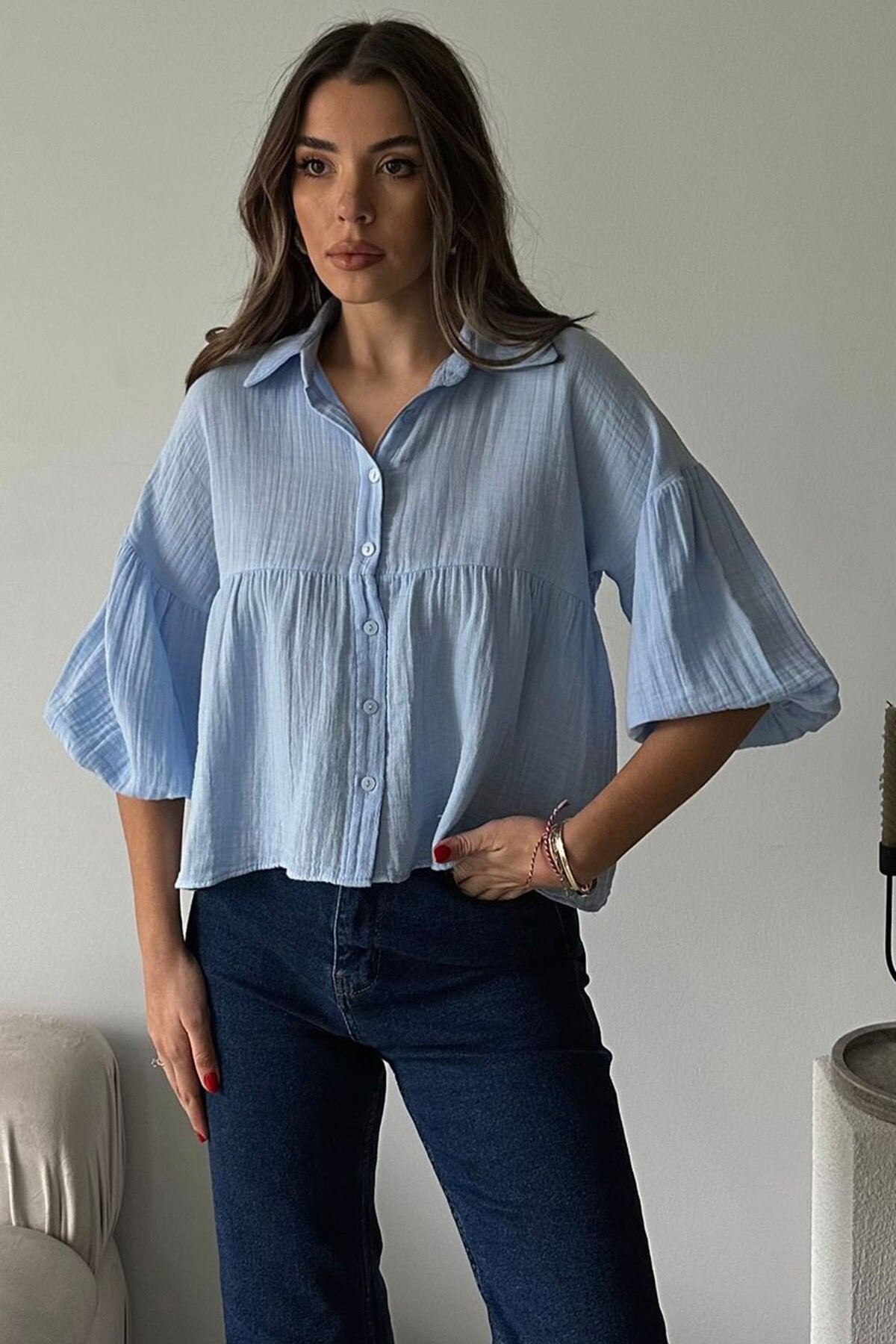 Mavi Kısa Kol Müslin Kumaş Premium Gömlek