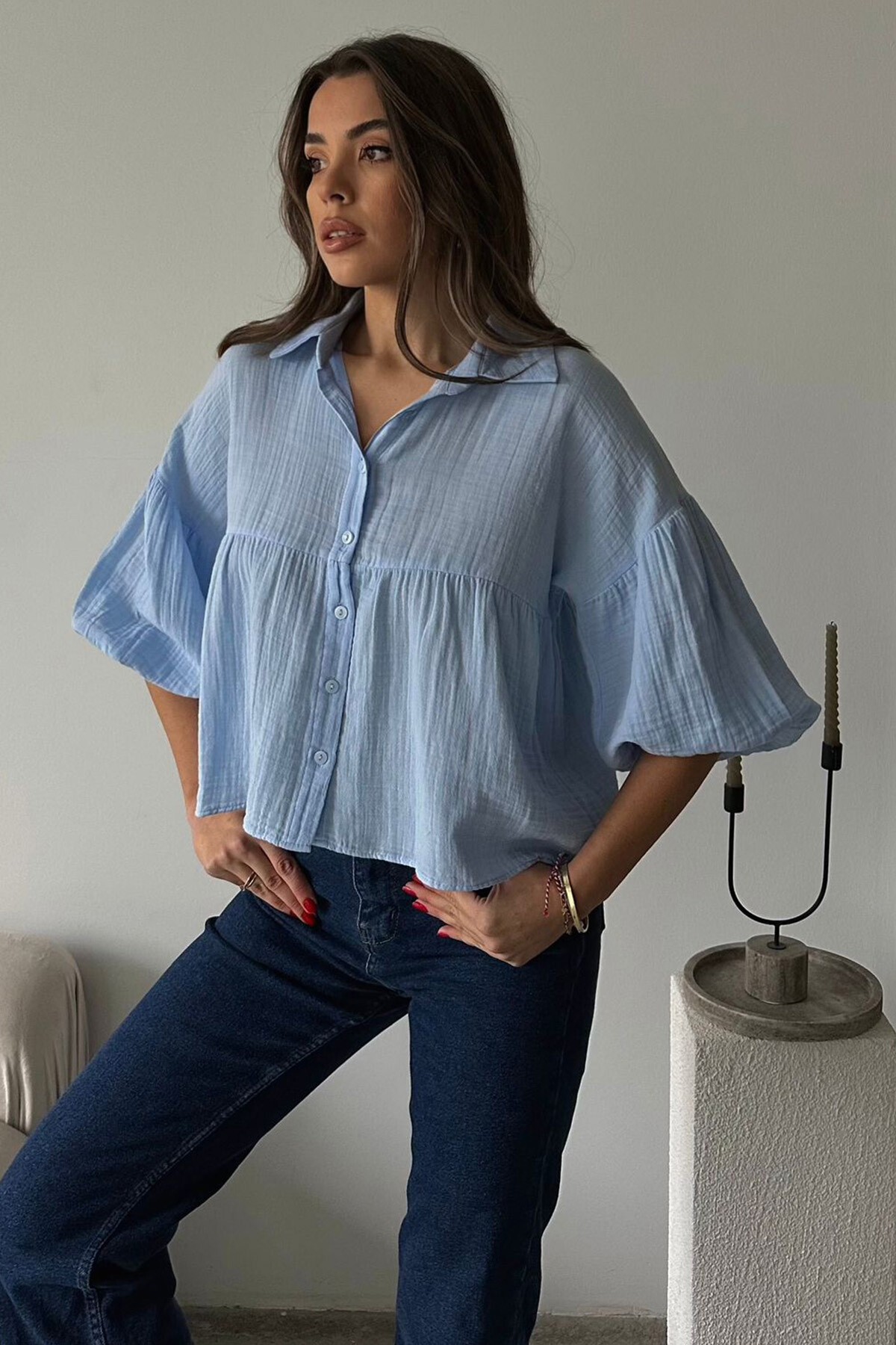 Mavi Kısa Kol Müslin Kumaş Premium Gömlek