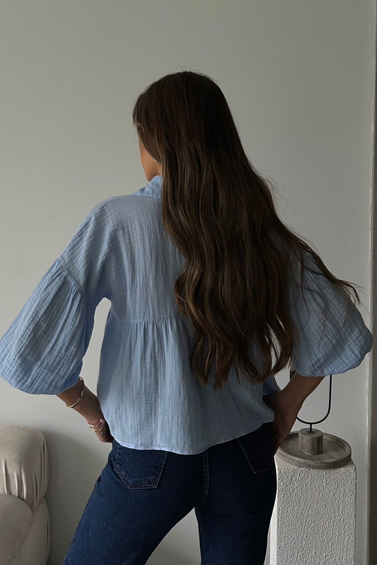 Mavi Kısa Kol Müslin Kumaş Premium Gömlek