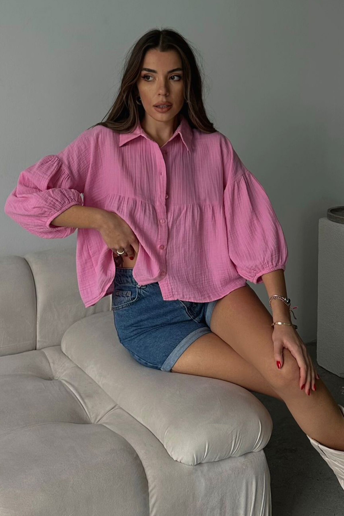 Pembe Kısa Kol Müslin Kumaş Premium Gömlek