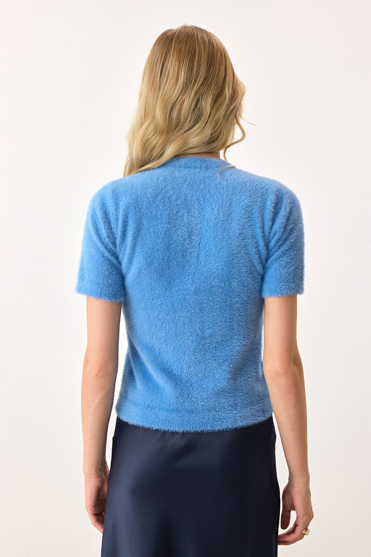 Mavi Kısa Kollu Düğmeli Triko Hırka