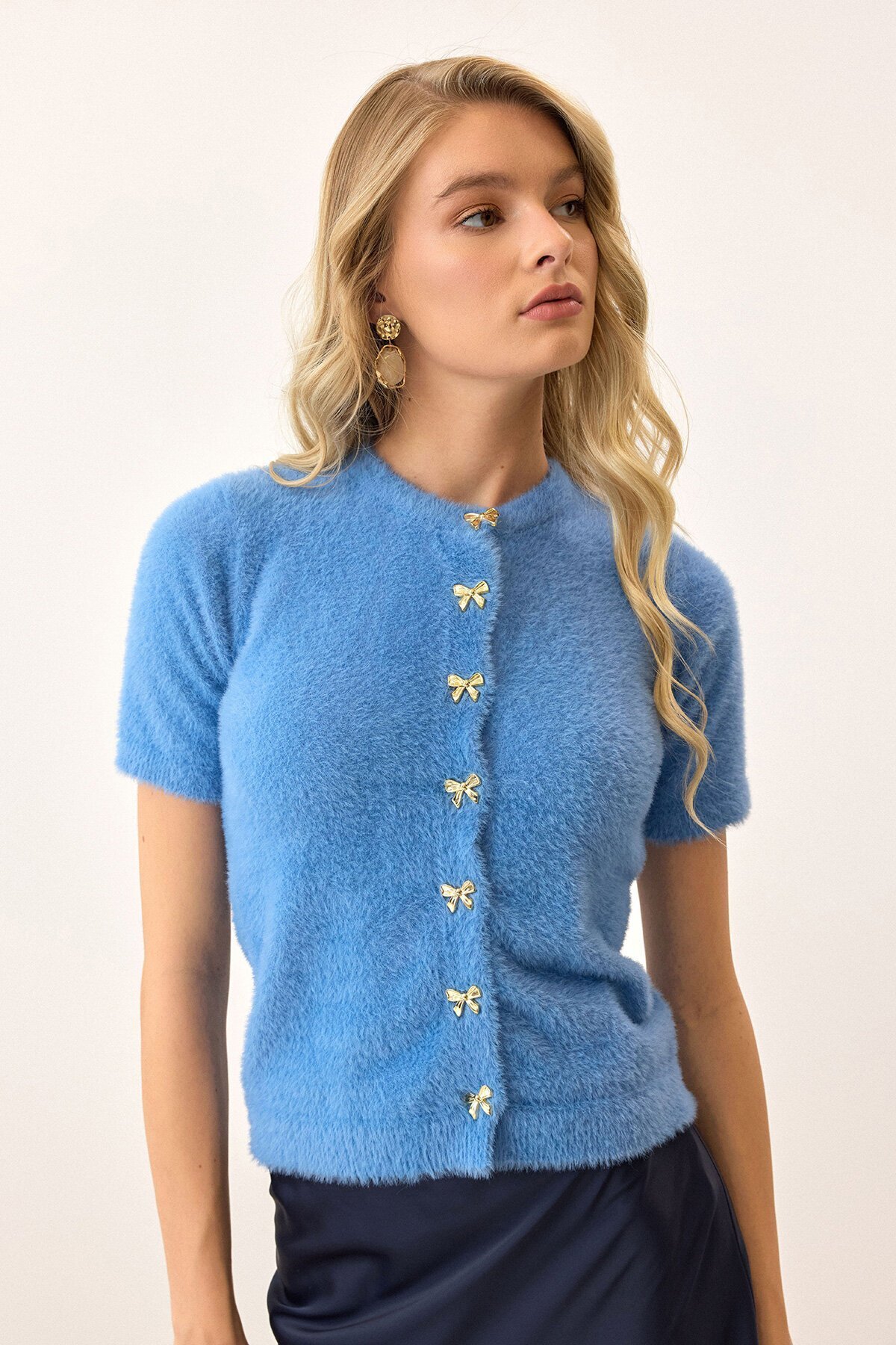 Mavi Kısa Kollu Düğmeli Triko Hırka