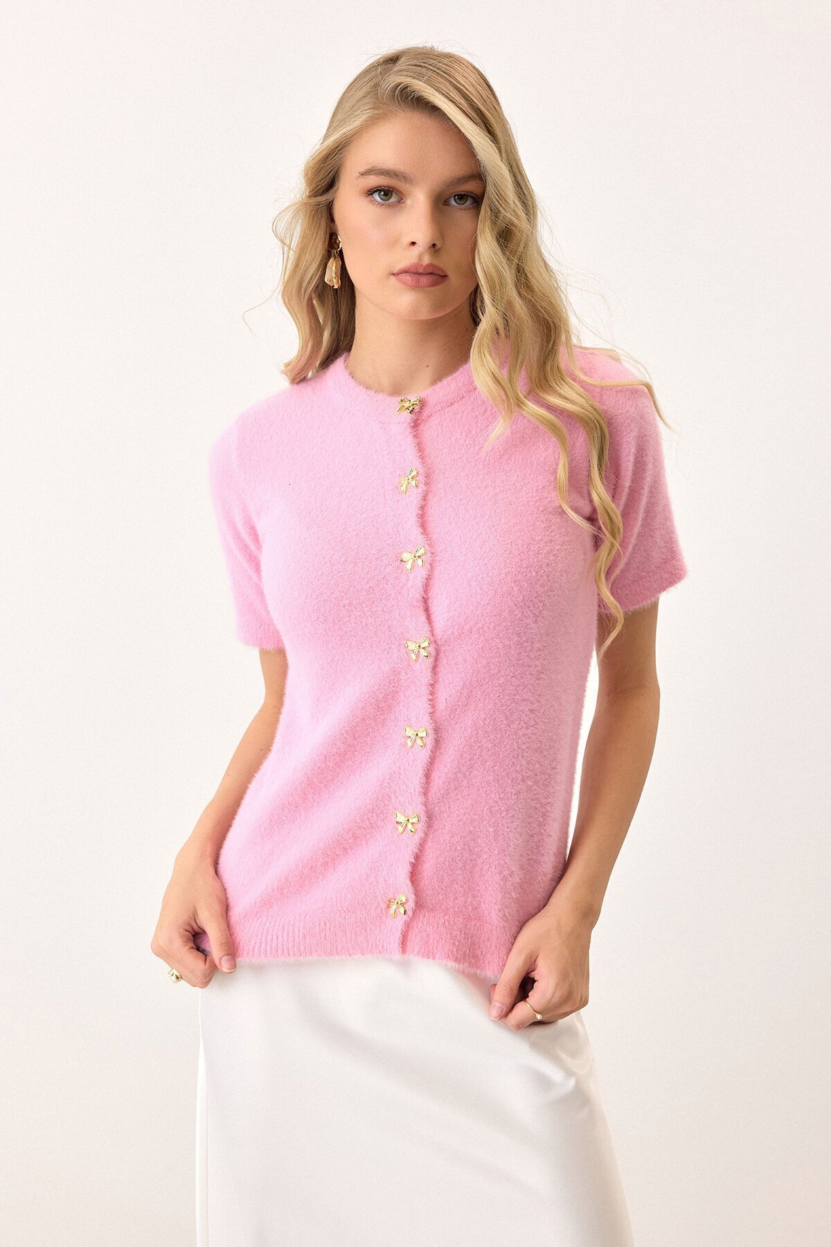 Pembe Kısa Kollu Düğmeli Triko Hırka
