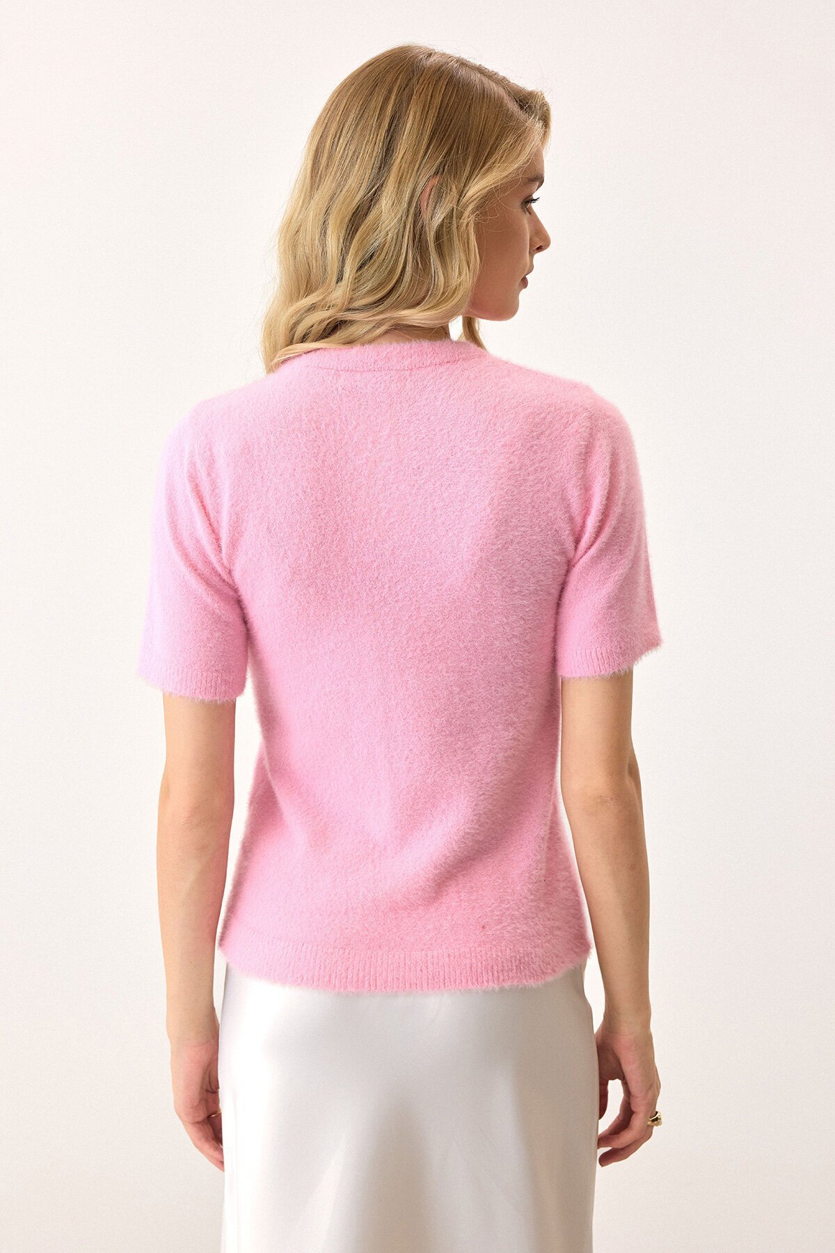 Pembe Kısa Kollu Düğmeli Triko Hırka