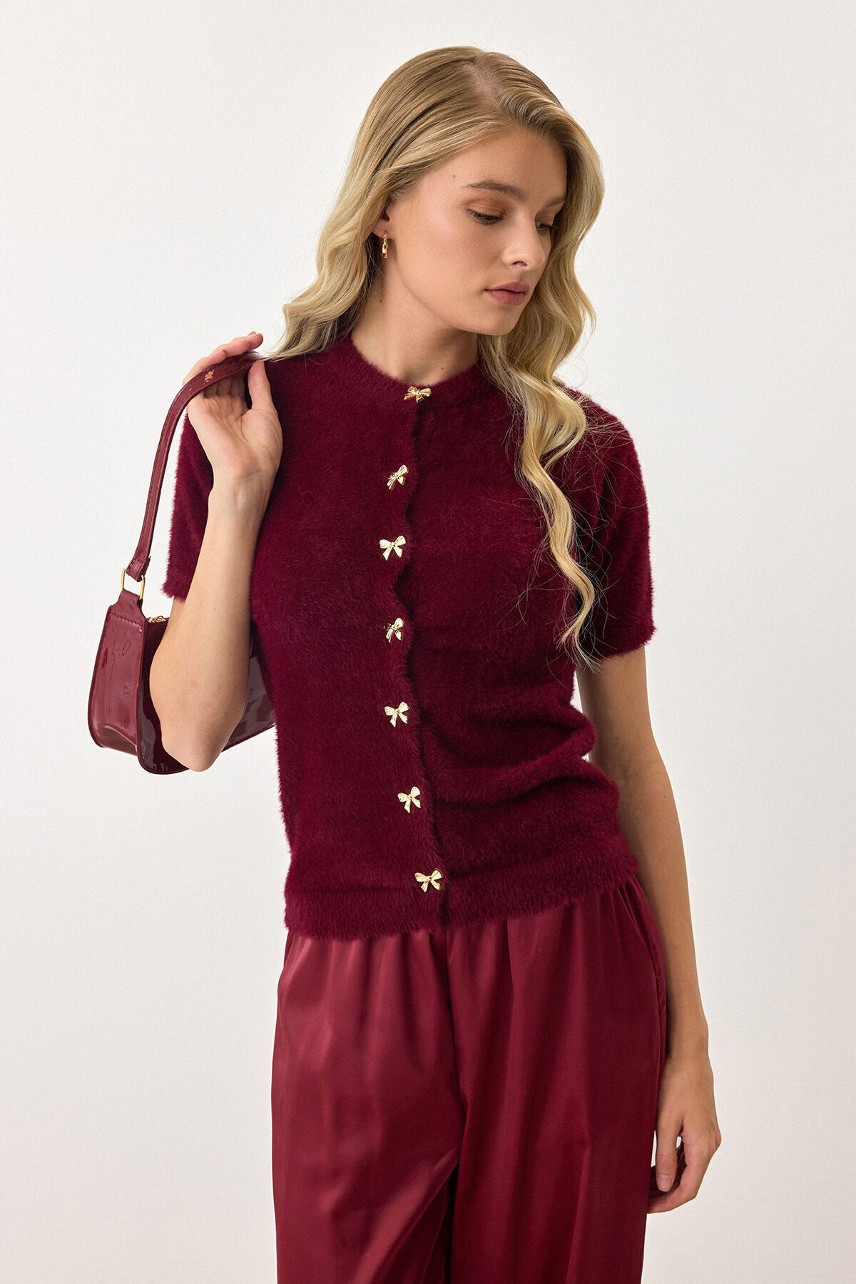 Bordo Kısa Kollu Düğmeli Triko Hırka