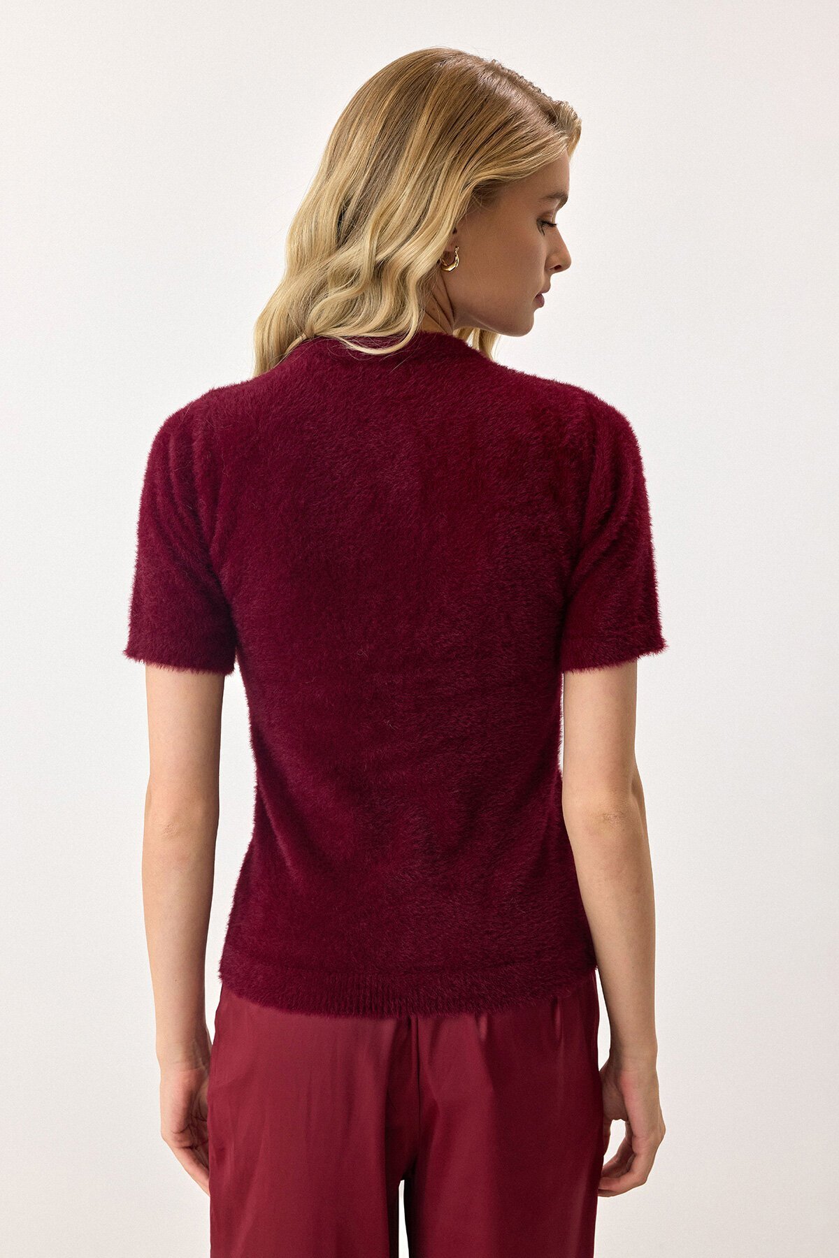 Bordo Kısa Kollu Düğmeli Triko Hırka