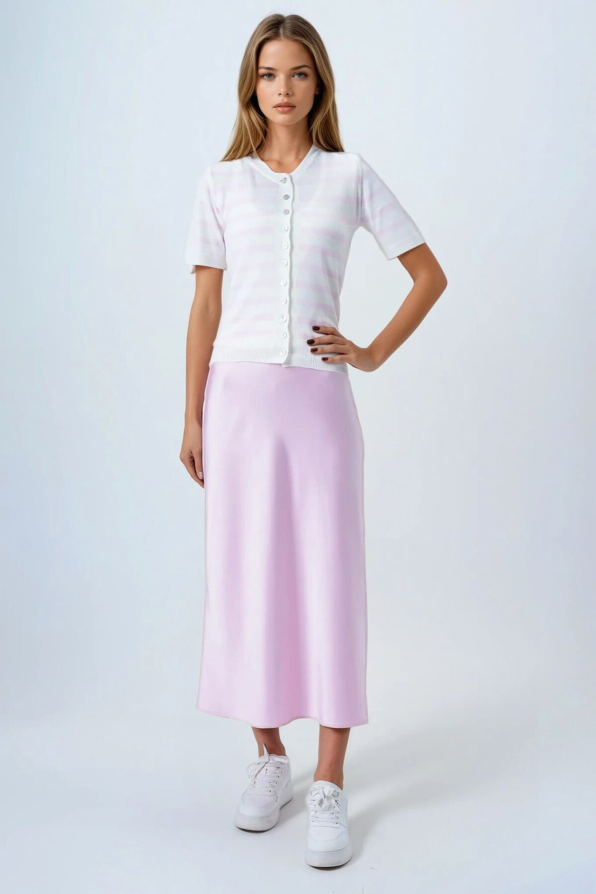 Pembe Kolsuz Bluz Ve Düğmeli Triko Hırka