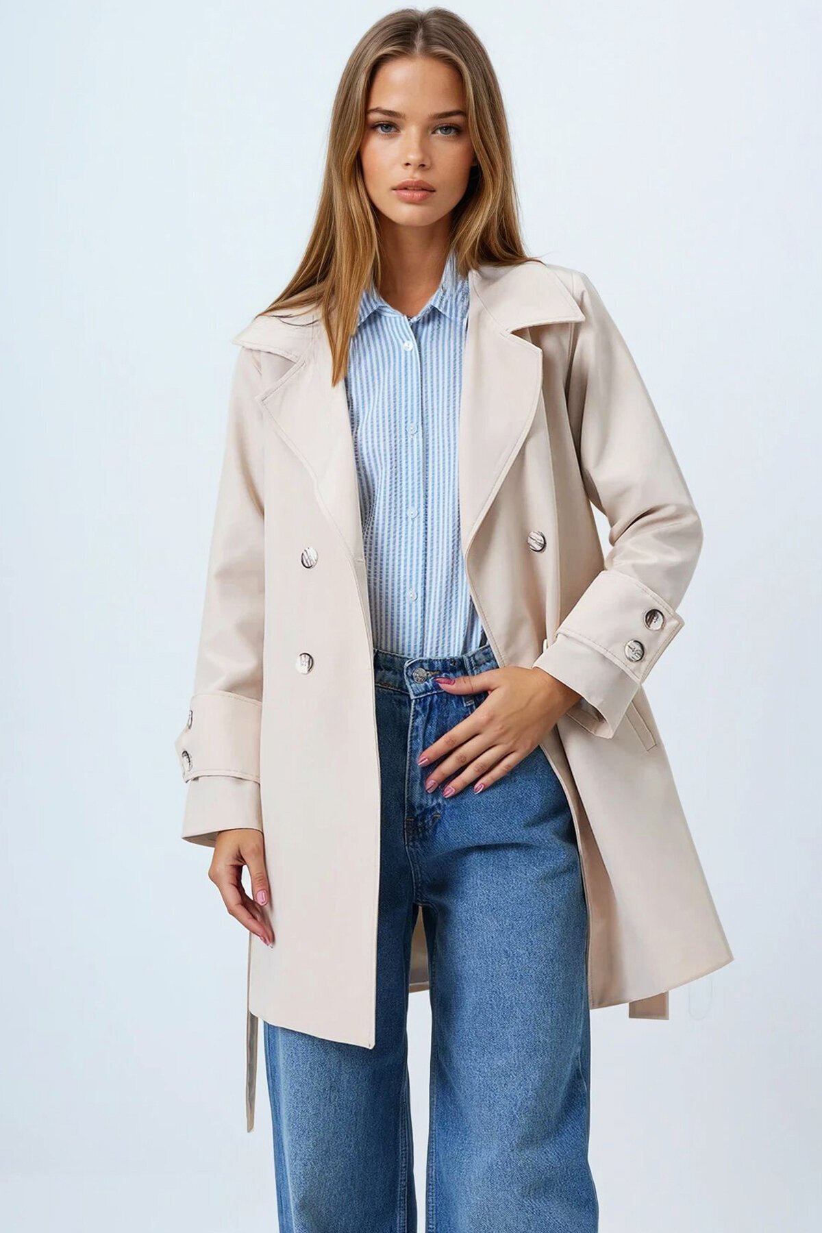 Bej Kruvaze Yaka Bağlamalı Astarlı Trençkot