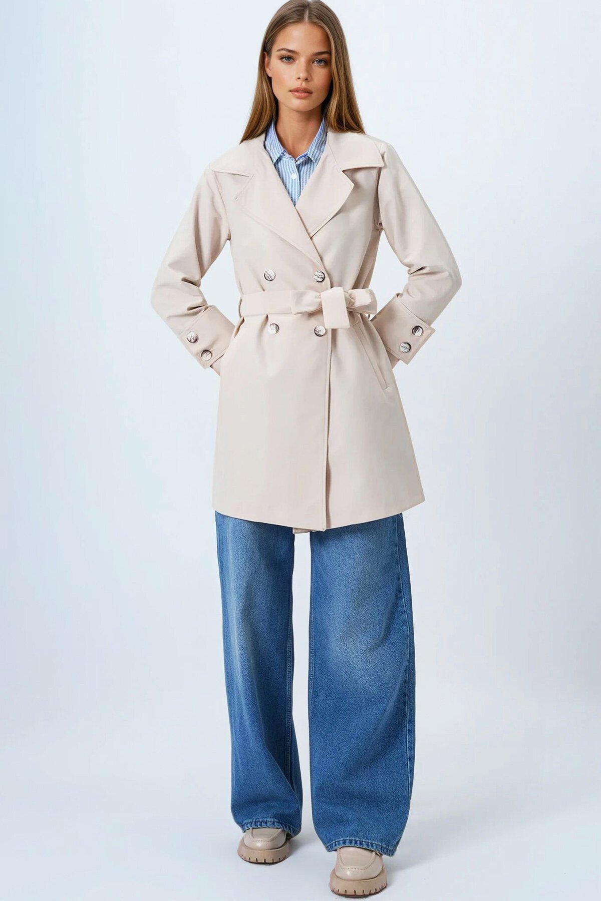 Bej Kruvaze Yaka Bağlamalı Astarlı Trençkot