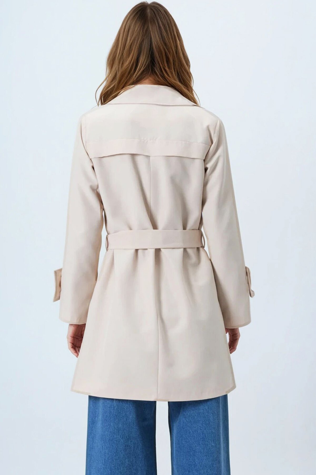 Bej Kruvaze Yaka Bağlamalı Astarlı Trençkot