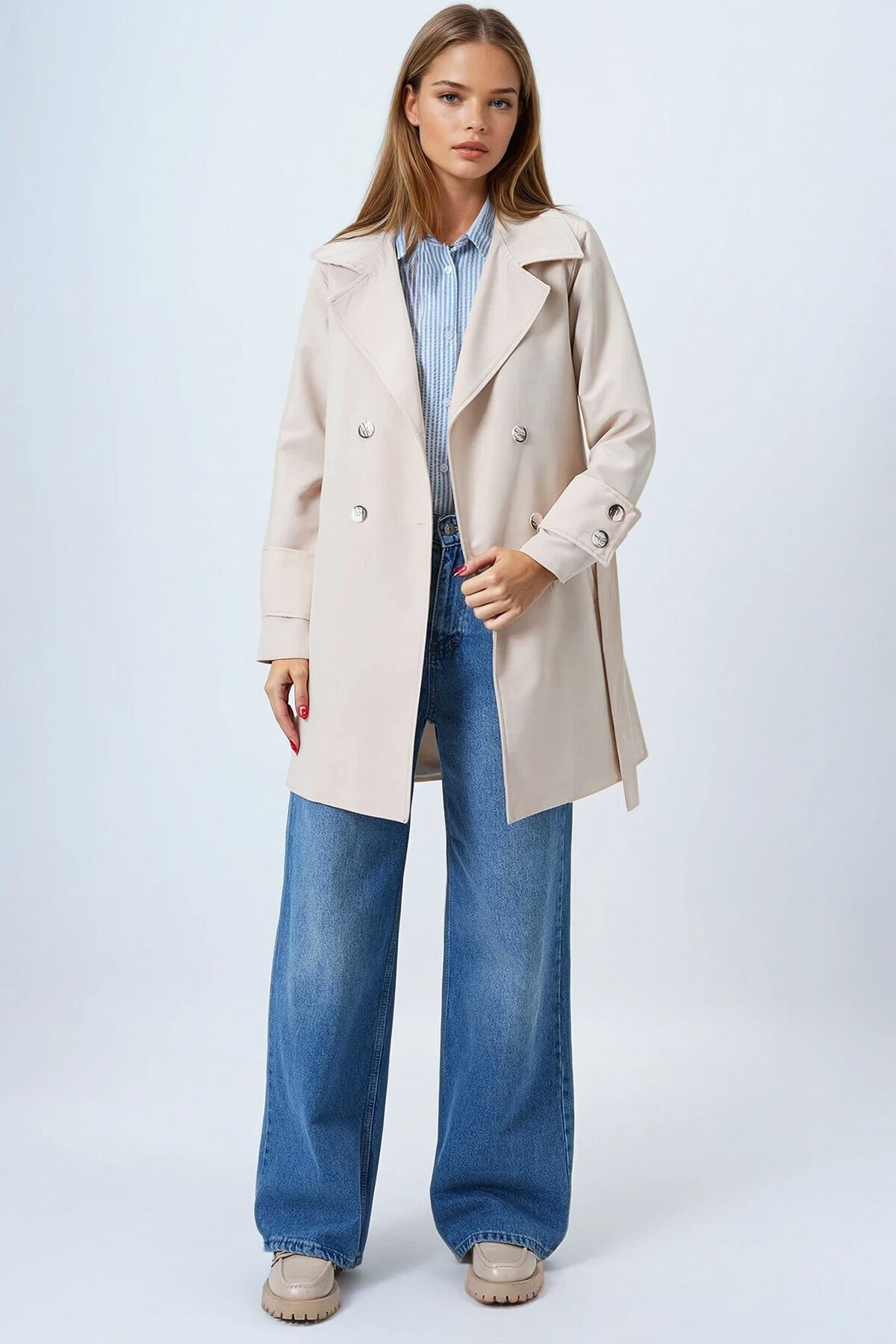 Bej Kruvaze Yaka Bağlamalı Astarlı Trençkot