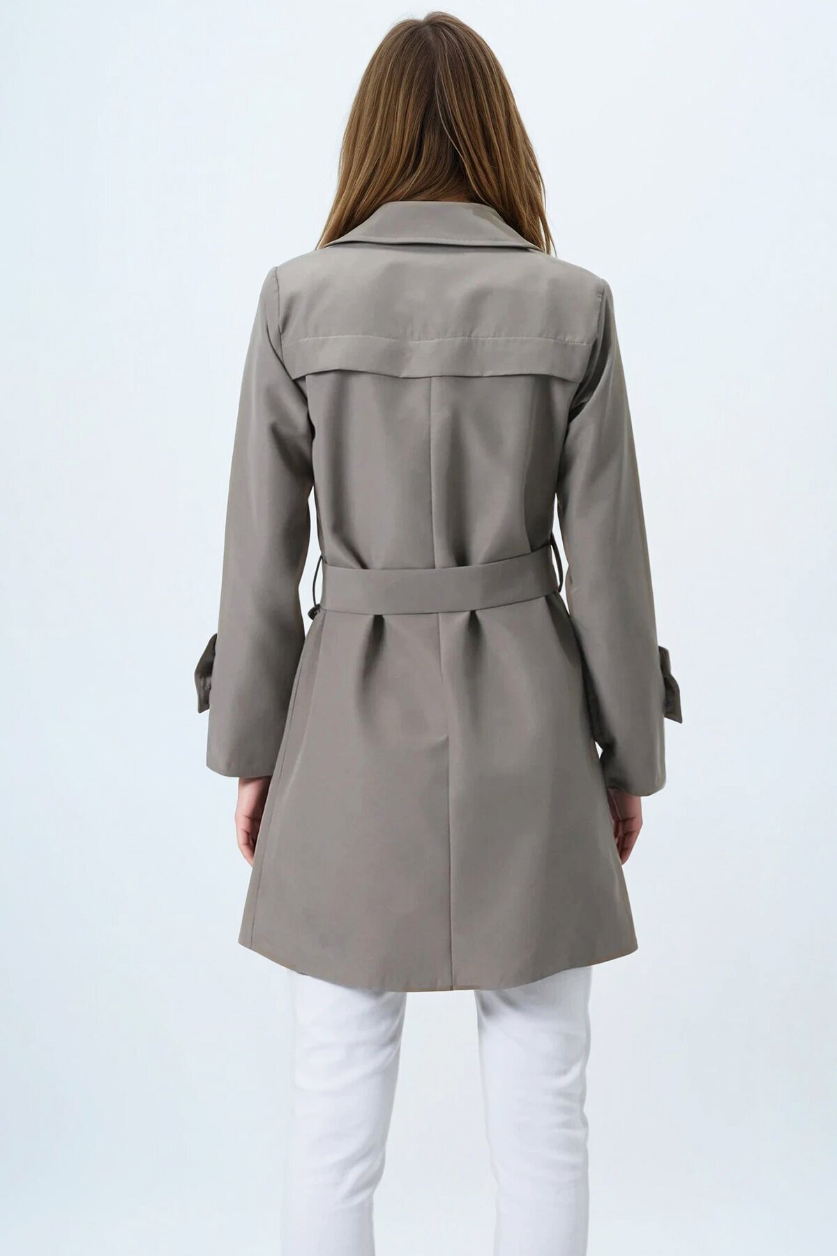 Haki Kruvaze Yaka Bağlamalı Astarlı Trençkot