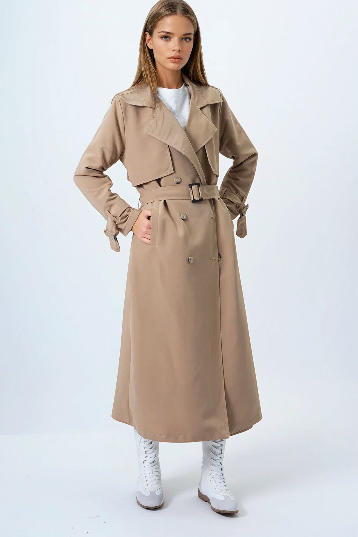 Camel Kruvaze Yaka Pelerin Detaylı Trençkot