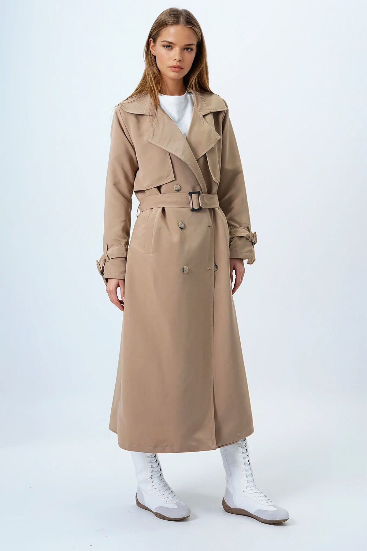 Camel Kruvaze Yaka Pelerin Detaylı Trençkot