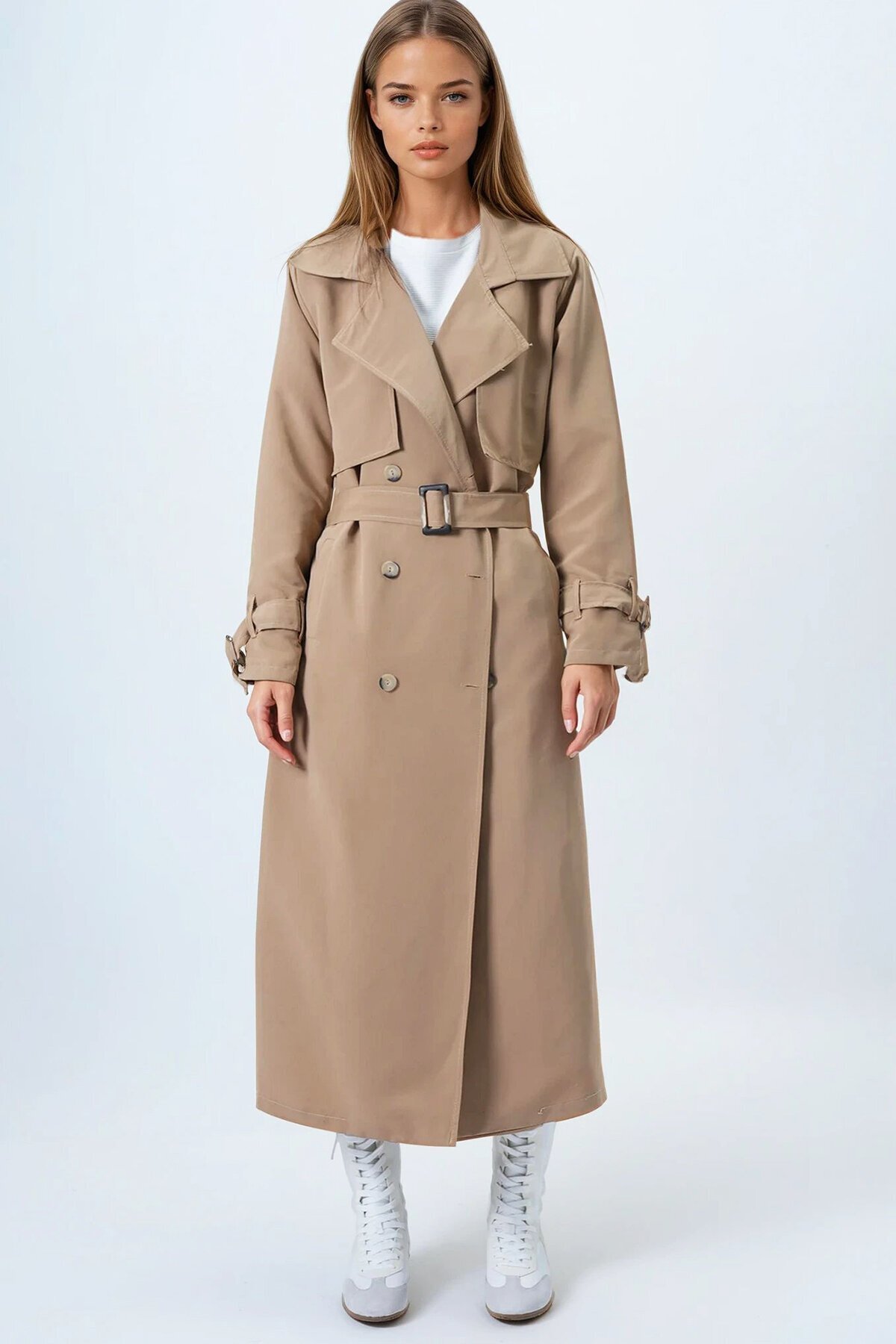 Camel Kruvaze Yaka Pelerin Detaylı Trençkot