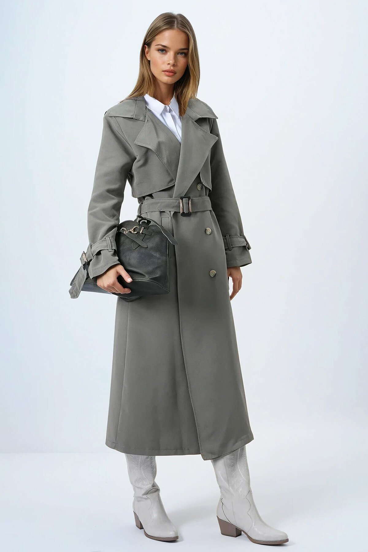 Haki Kruvaze Yaka Pelerin Detaylı Trençkot