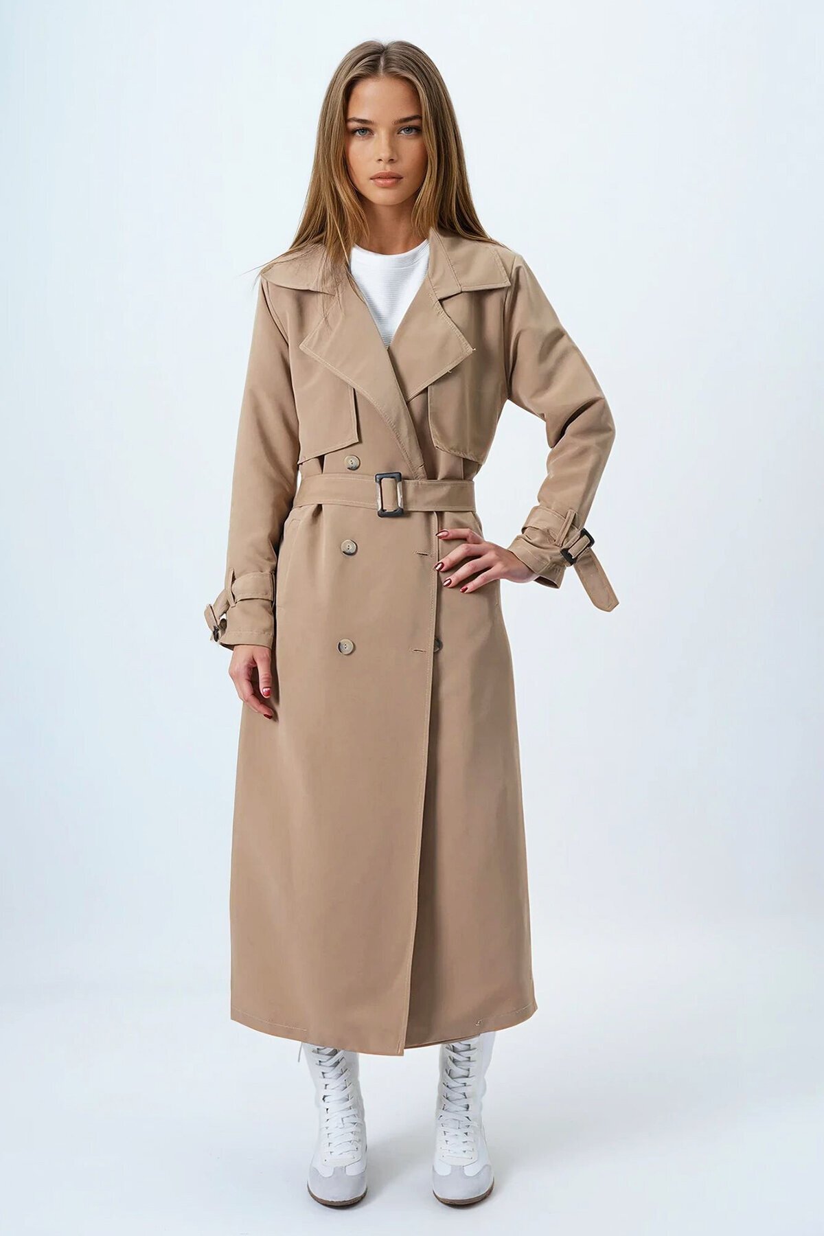 Camel Kruvaze Yaka Pelerin Detaylı Trençkot