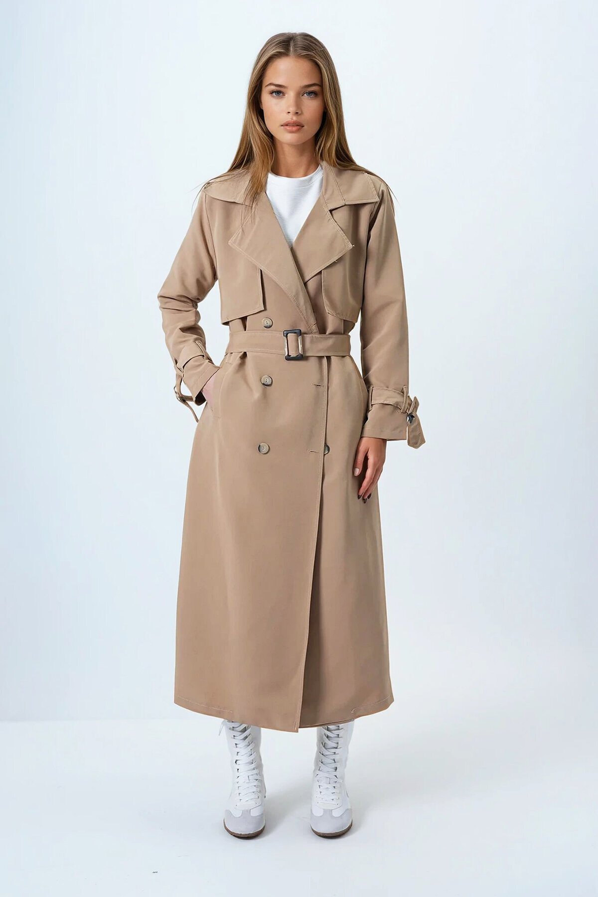 Camel Kruvaze Yaka Pelerin Detaylı Trençkot