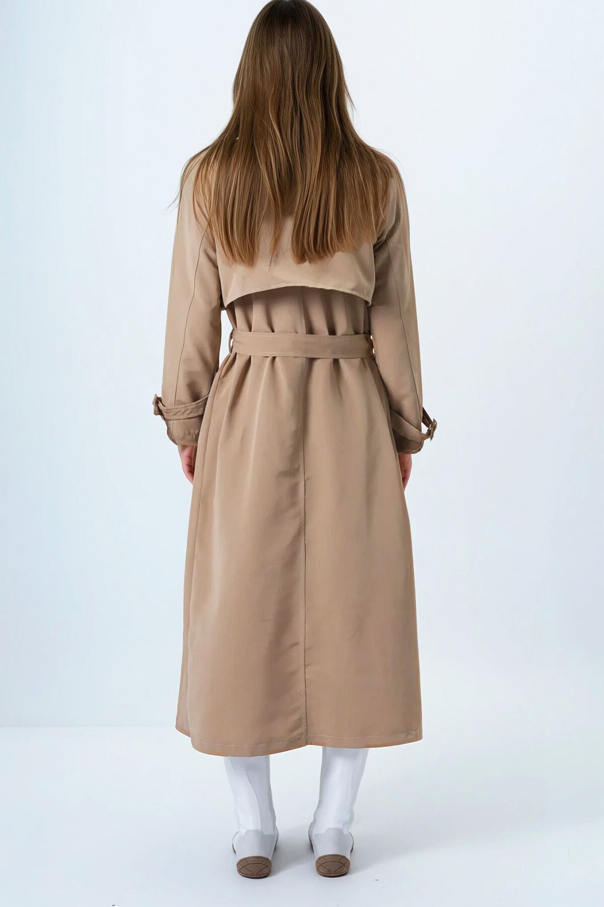 Camel Kruvaze Yaka Pelerin Detaylı Trençkot