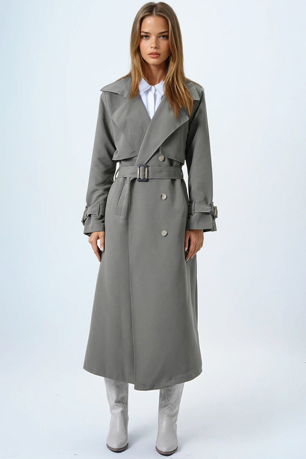 Haki Kruvaze Yaka Pelerin Detaylı Trençkot