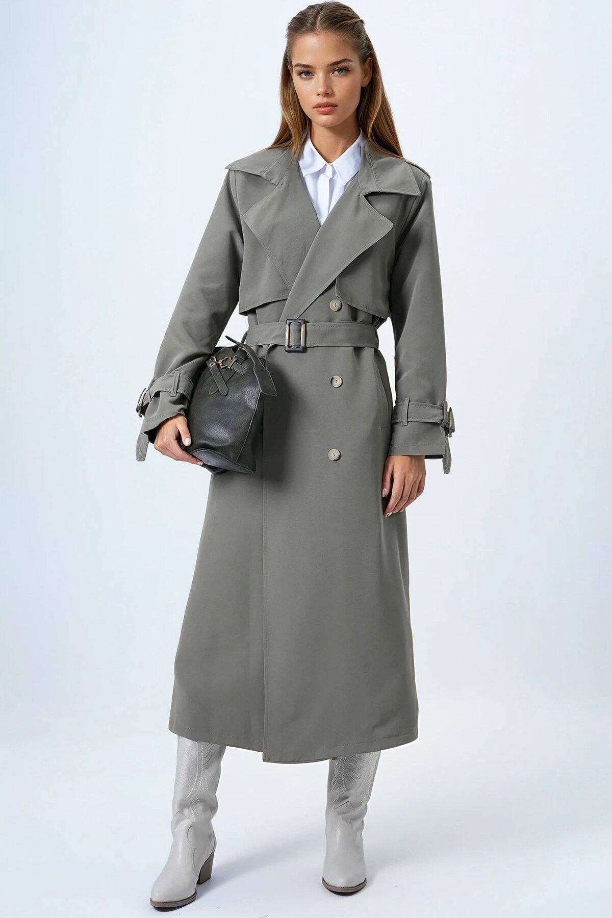 Haki Kruvaze Yaka Pelerin Detaylı Trençkot