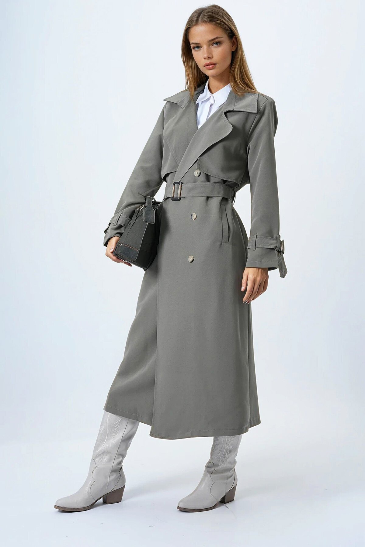 Haki Kruvaze Yaka Pelerin Detaylı Trençkot