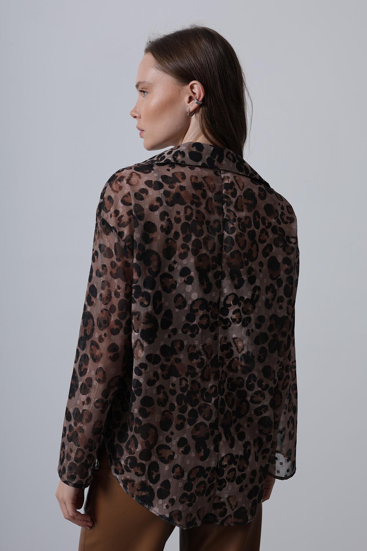 Siyah-Kahve Leopar Desenli Bağlama Detaylı Şifon Bluz