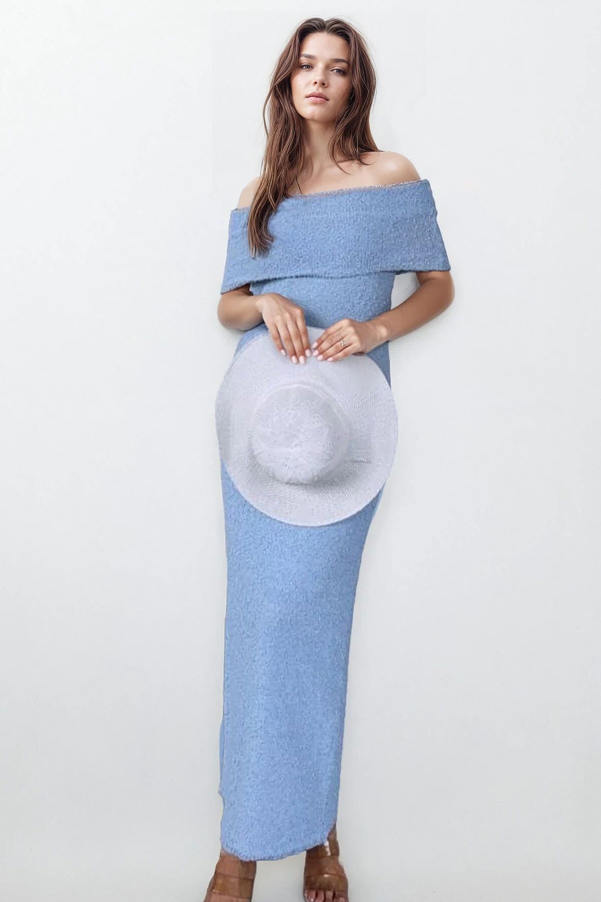 Bebe Mavi Madonna Yaka Maxi Boy Straplez Elbise