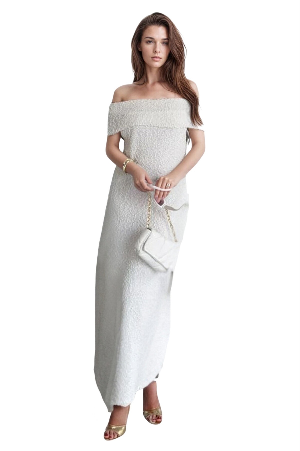 Beyaz Madonna Yaka Maxi Boy Straplez Elbise