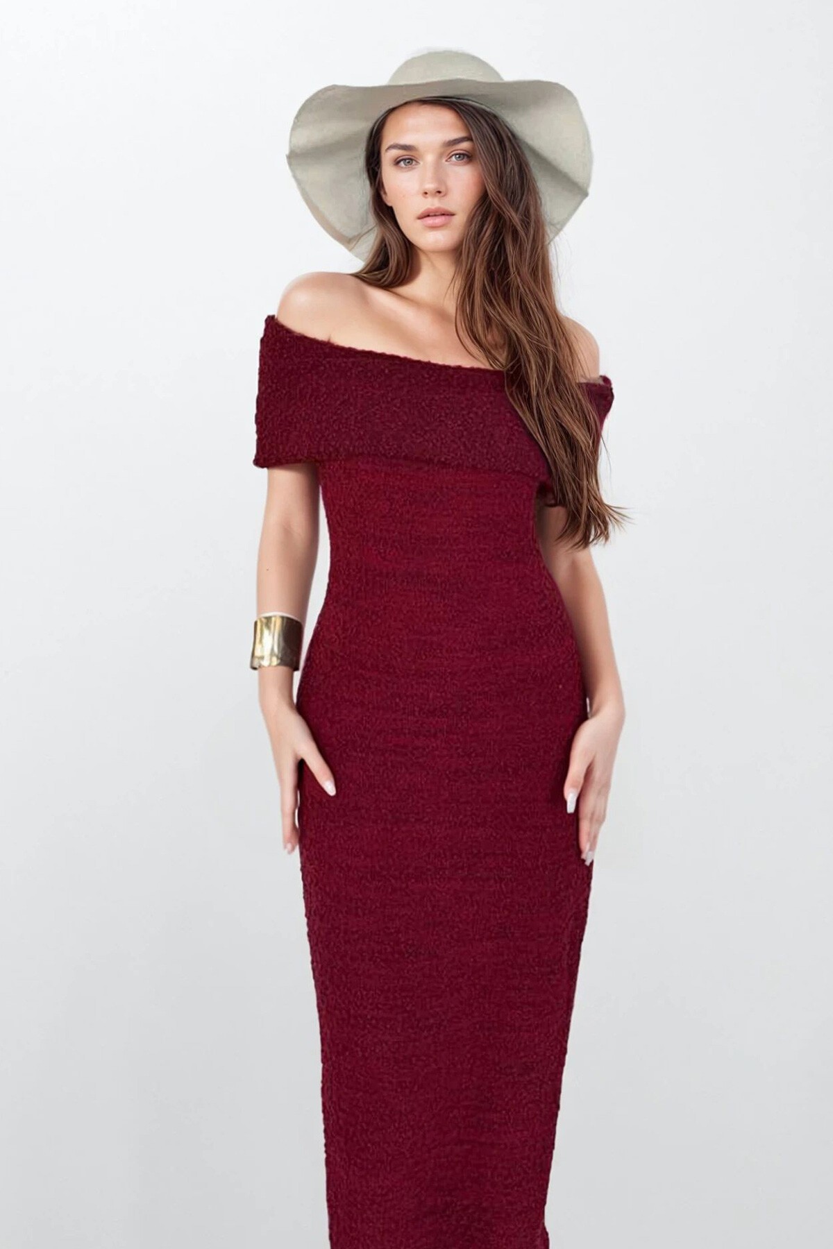 Bordo Madonna Yaka Maxi Boy Straplez Elbise