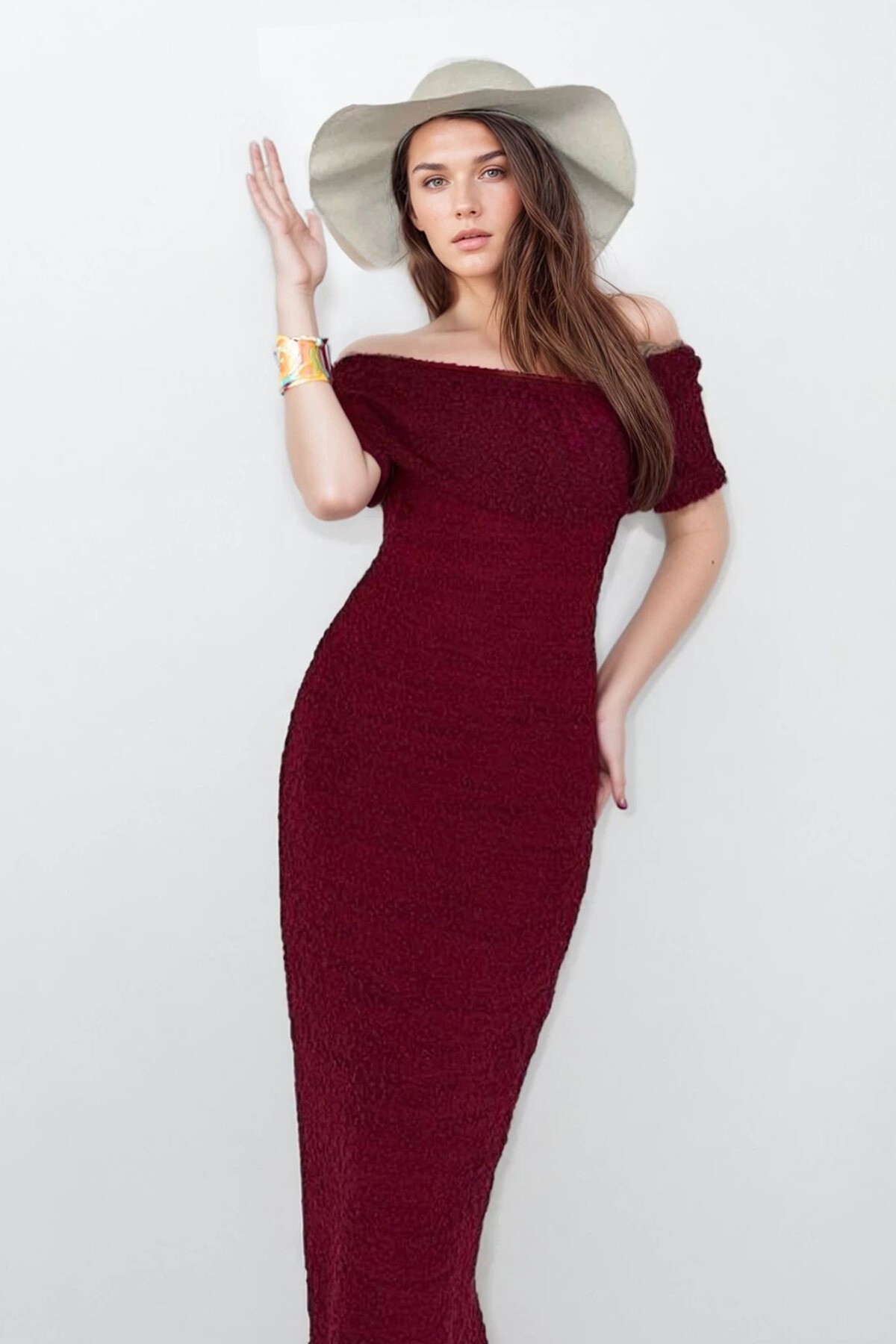 Bordo Madonna Yaka Maxi Boy Straplez Elbise