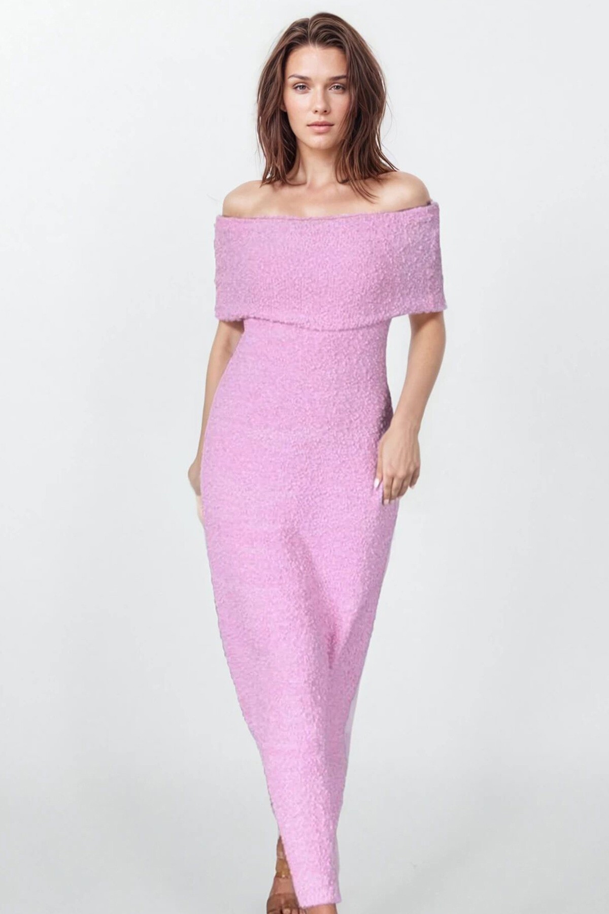 Pembe Madonna Yaka Maxi Boy Straplez Elbise