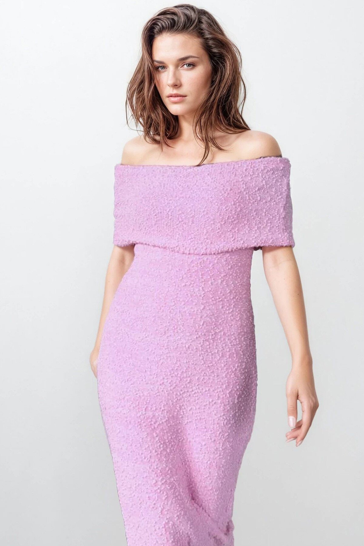 Pembe Madonna Yaka Maxi Boy Straplez Elbise