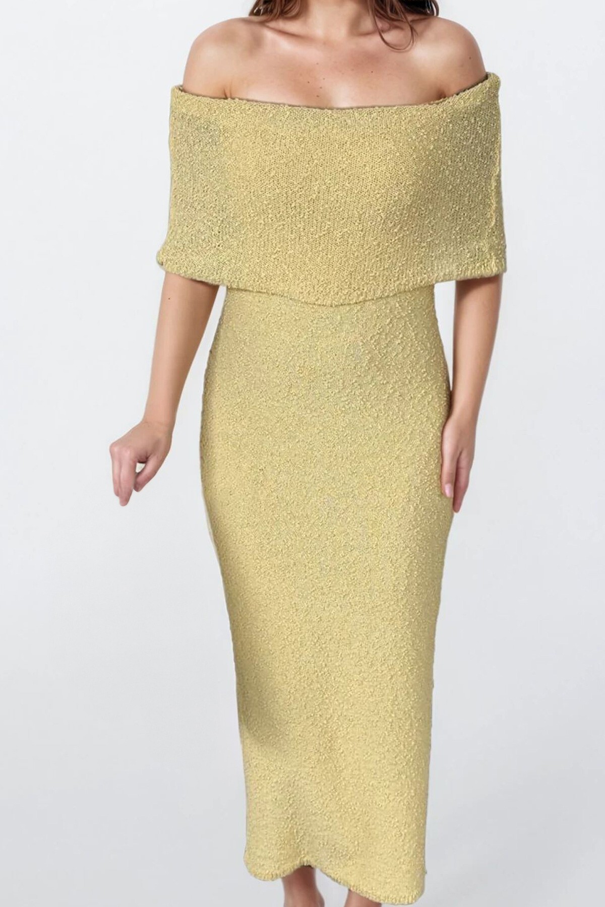 Sarı Madonna Yaka Maxi Boy Straplez Elbise