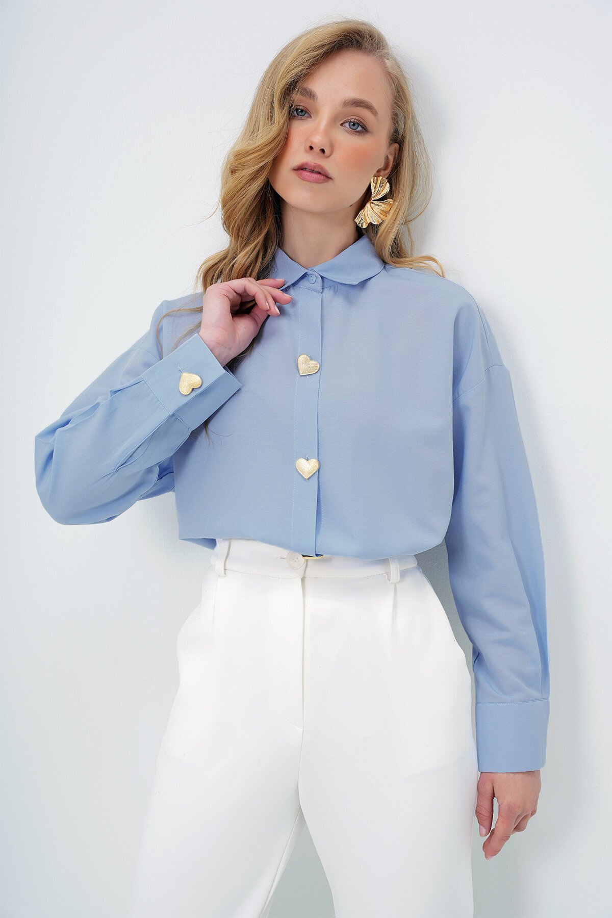 Mavi Kalp Düğmeli Oversize Poplin Gömlek
