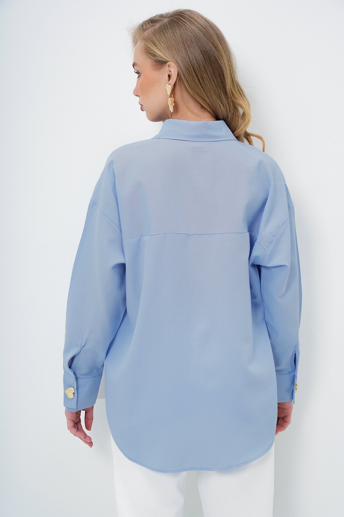 Mavi Kalp Düğmeli Oversize Poplin Gömlek
