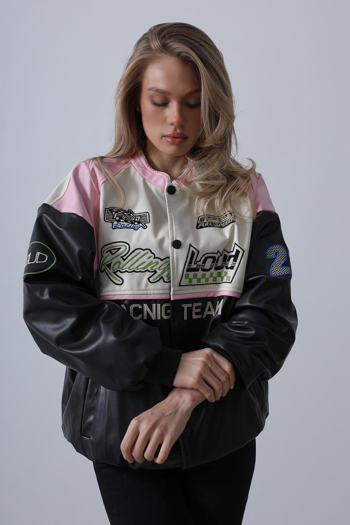 Siyah Ekru  Çıtçıt Kapamalı Oversize Biker Ceket